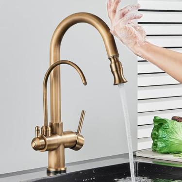 Imagem de Filtro de sensor de toque Torneira de cozinha Torneira de cozinha de latão com água pura Torneira misturadora retrátil Girar guindaste de água quente e fria Modo 2 vias, latão antigo
