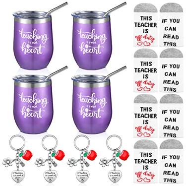 Imagem de Yuxung Conjunto de presentes de agradecimento para professores, incluindo 4 canecas para professores, 4 chaveiros, 4 meias, melhores presentes para professores, presente de agradecimento para professores, para mulheres, no dia dos professores, aniversário, aposentadoria (roxo)