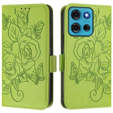 Imagem de Capa carteira rosa e borboleta em relevo para Motorola Moto G75, [bloqueio RFID] [suporta carregamento sem fio] 3 compartimentos para cartão e 1 compartimento para dinheiro, capa à prova de choque e