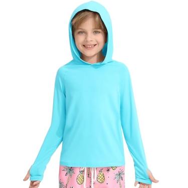 Imagem de Hotfiary Moletom com capuz Rash Guard para meninos, manga comprida, com capuz, Rashguard FPS 50+, proteção solar, camiseta de pesca aquática, Azul, 11-12 anos
