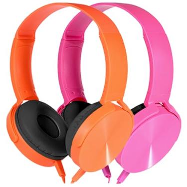 Imagem de Wensdo Pacote com 2 fones de ouvido infantis, para sala de aula, com fio, durável, conjunto de aula para estudantes, crianças, adolescentes, meninos, meninas e adultos (HY450, laranja + rosa)