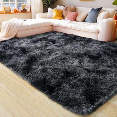 Imagem de KING DARE Tapetes de área de 15 x 23 cm para sala de estar, tapete preto cinza tingido, fofo, felpudo, felpudo, grande, antiderrapante, lavável, moderno, macio para quarto, meninas, quarto interno