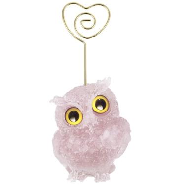 Imagem de rockcloud Porta-cartões de mesa de coruja de cristal de quartzo rosa natural em forma de coração, animais fofos, resina para decoração de casamento, casa, escritório