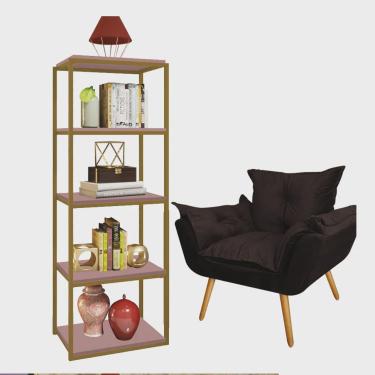 Imagem de Kit Poltrona Fatte com Estante Livreiro Ferro Dourado mdf Rose Suede Marrom - Ahazzo Móveis