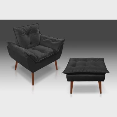 Imagem de Kit 01 Poltrona Opala + 01 Puff Opala Com Fibra Siliconada Suede Preto- Casa da Poltrona