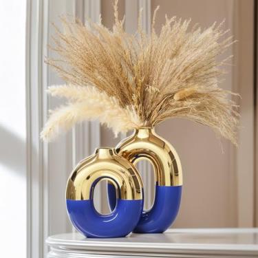 Imagem de Conjunto de vasos de cerâmica azul marinho e dourado, vaso redondo de rosquinha para grama dos pampas para decoração de prateleiras, decoração moderna nórdica para estante de livros, lareira, centros