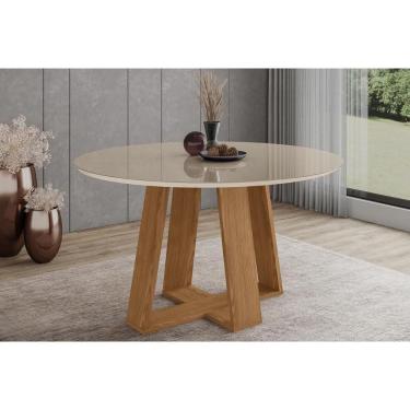 Imagem de Mesa de Sala Jantar Lins SC130 c/ Tampo Madeirado c/ Vidro Redondo 140x140cm Nature/Off White - Henn
