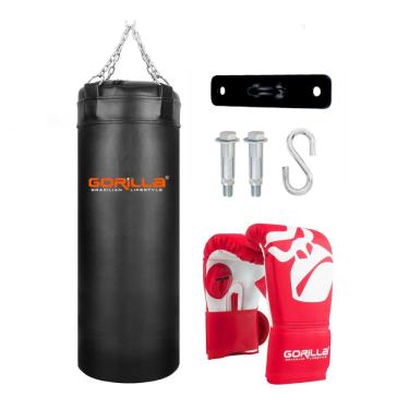 Imagem de Kit Completo Boxe Saco De Pancada Profissional Muay Thai + Luva Bate saco Pro + Suporte Teto Gorilla (Vermelho)
