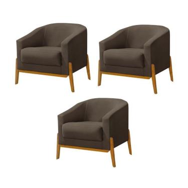 Imagem de Kit 3 Poltronas Living Base Em Madeira Maciça Flórida Veludo Marrom - Marrom