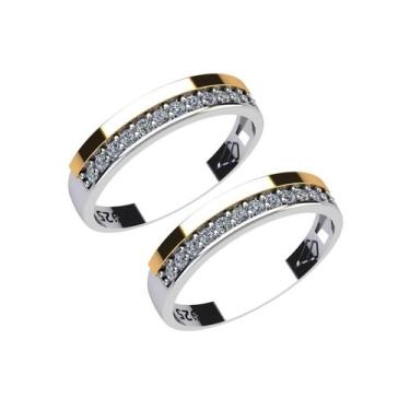 Imagem de Aparador Anel de Aliança par em Prata 925 com Aplique em Ouro 14k Crav