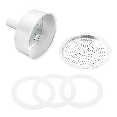 Imagem de Waziaqoc Kits de funil de substituição Espresso Moka com 3 xícaras, 1 funil de substituição, 1 filtro de alumínio com 3 pacotes de vedações de vedação de substituição
