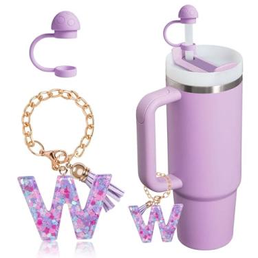 Imagem de HaimiLiya Capa de canudo com corrente de copo com letra inicial para acessórios Stanley Cup, tampa de palha de 10 mm, pingente de copo fofo, roxo