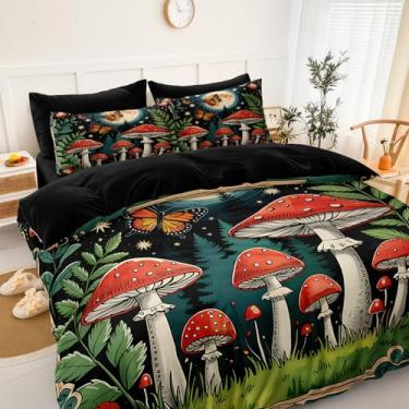 Imagem de Chumerry Conjunto de edredom botânico floresta, cogumelo vermelho, folha verde, grama, borboleta, misteriosa, floresta, lua, estrelas, galáxia, decoração de quarto