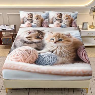 Imagem de AILONEN Jogo de cama solteiro para meninas, gatinho kawaii, fofo, para crianças, mulheres, lençol com elástico com estampa de animal adorável com 2 fronhas, 3 peças