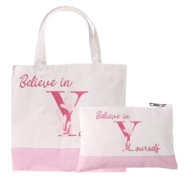 Imagem de lasuroa Conjunto de 2 bolsas de lona, lona rosa preppy com bolsa de maquiagem, material escolar, reutilizável, sacolas de compras dobráveis para mulheres (letra Y)