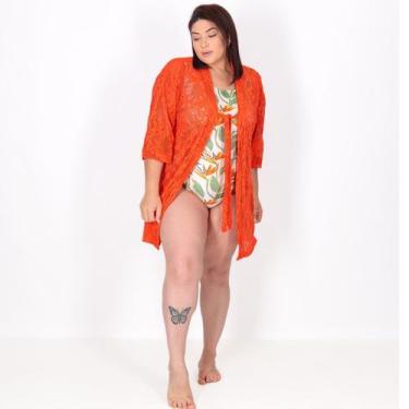 Imagem de Saída de Praia Kimono de Renda Laranja - Stw Moda, Laranja, 48/50