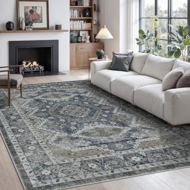 Imagem de Rugland Tapetes de área 6x9 – Tapete lavável resistente a manchas, tapetes antiderrapantes para sala de estar, tapetes de área tribal persa boho (TPR07-azul-marinho, 18 x 22 cm)