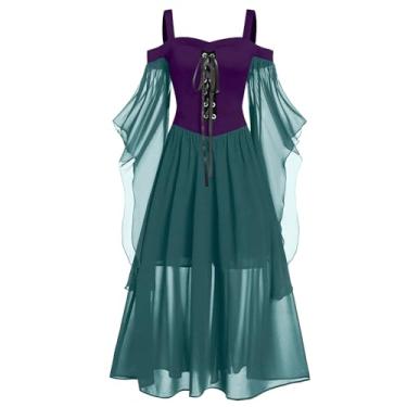Imagem de Vestido gótico renascentista para mulheres, fantasia de Halloween, vestido de renda com ombro de fora, manga trompete, vestido medieval steampunk, 03 - Vestido vintage verde escuro, 5X-Large