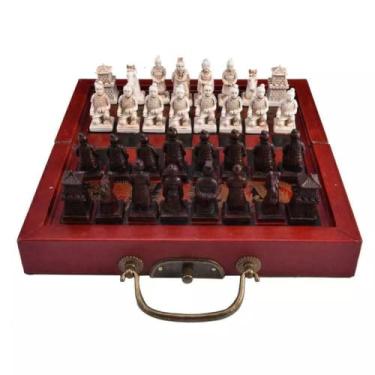 Imagem de Retro Vintage Chinese Terracotta Warriors Chess Set Board Game Set Gift Friends Family 32 Chess Set Wood Table 3D Resin Chess