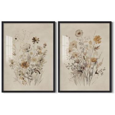 Imagem de Arte de parede vintage de flores silvestres em aquarela floral botânica impressões de flores neutras imagem minimalista buquê decoração de parede emoldurada e pronta para pendurar para quarto de