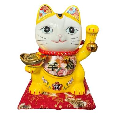 Imagem de Cofrinho de cerâmica Lucky Cat para boa sorte e prosperidade, ornamento Feng Shui Maneki Neko para casa, escritório, loja - 14 cm de altura (amarelo)