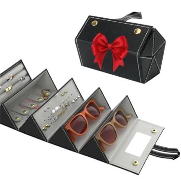 Imagem de GESPERT Organizador de óculos de sol e estojo de joias, estojo de viagem com 5 compartimentos, dobrável com espelho, estojo de couro para óculos, brincos, colares, anéis, pulseiras
