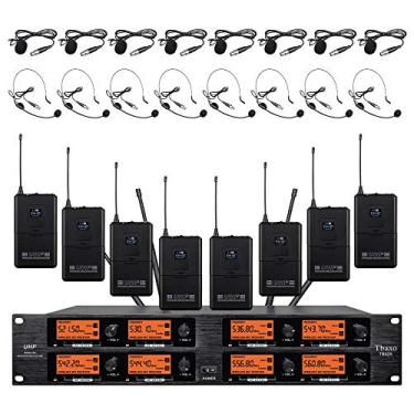 Imagem de Microfone sem fio Sistema Pro Audio 8 canais Frequência B UHF 8 lapela 8 Bodypacks 8 lapela microfone 8 fones de ouvido para sistema de karaokê reunião igreja falando conferência festa de casamento