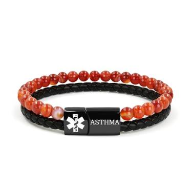 Imagem de Zircobic Pulseiras personalizadas de alerta médico com etiquetas de aço inoxidável gravadas a laser e códigos QR personalizados – Couro PU e contas de ágata para uso diário e identificação de saúde