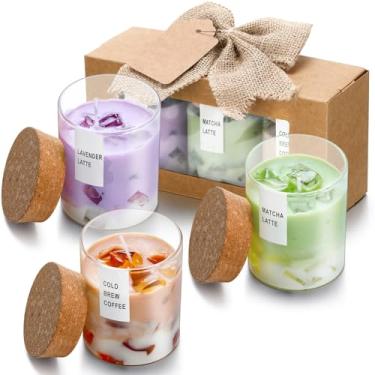 Imagem de Conelist Conjunto de 3 velas perfumadas para presente, 142 g, design de cubo de gelo, café gelado, matcha, latte, lavanda, latte, caixa de presente, caixa de presente com laço de linho, etiqueta de