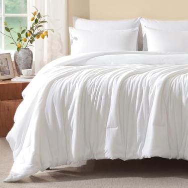 Imagem de Voguease Conjunto de edredom casal, edredom de malha de jérsei ultramacio de luxo, branco, leve, alternativo, para todas as estações, conjunto de cama de 3 peças