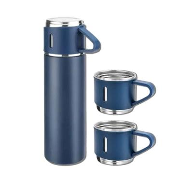 Imagem de Conjunto de frascos a vácuo azul – Garrafa de água isolada com conjunto de 3 xícaras para presente – Garrafa térmica para bebidas quentes e frias – Garrafas de água reutilizáveis de aço inoxidável