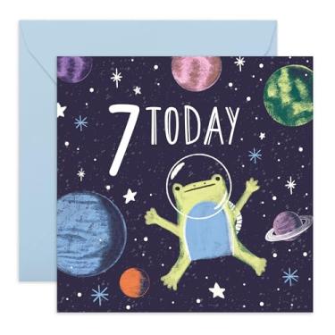 Imagem de CENTRAL 23 Cartão de 7º aniversário para meninos - "Frog Space Birthday 7" - Presentes para filho, crianças, sobrinho, neto - astronauta e planetas - Vem com adesivos divertidos