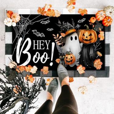 Imagem de BZFJZG Tapete de porta de Halloween fantasma gato preto abóbora tapete de boas-vindas