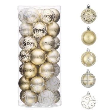 Imagem de Valery Madelyn Conjunto de enfeites de Natal, decorações de árvore de Natal inquebráveis brancas e douradas, 35 quilates, enfeites de bola pendurados em massa para decoração de festa de Natal