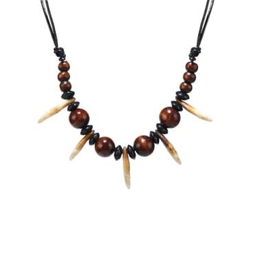 Imagem de DATOA Colar de dente de lobo tribal personalizado para mulheres e homens, dente de lobo, contas de madeira, cordão ajustável, Madeira, Sem Pedra Preciosa
