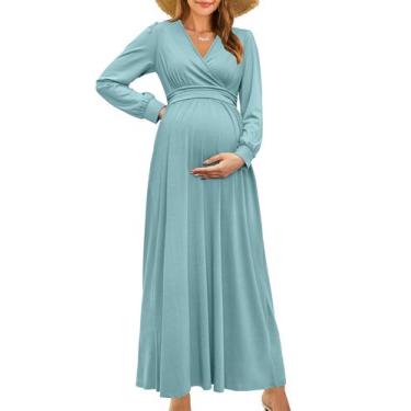 Imagem de Vestido de maternidade OUGES Fall Maxi de manga comprida com decote em