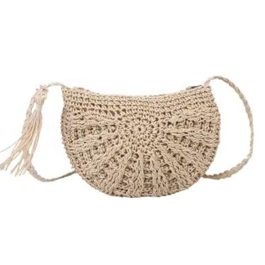 Imagem de Bolsa tiracolo Boho para mulheres - Bolsa de praia estilo boêmio de palha com borla - Bolsa feminina pequena de tecido bege natural para viagens e férias