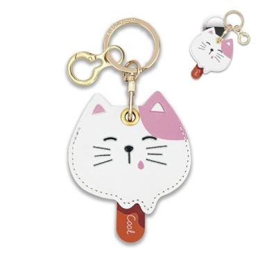 Imagem de Capa de couro compatível com Apple AirTag, linda capa protetora para air tag com chaveiro, localizador de chaveiro oculto antiarranhões, rastreador GPS para carteira, chaves, bolsa (gato picolé)