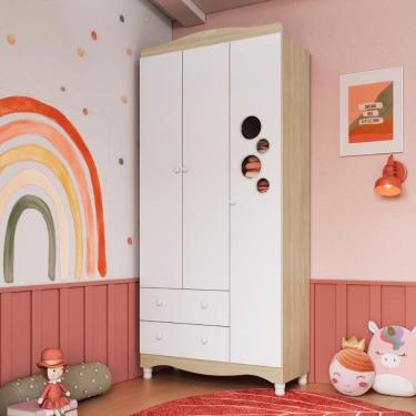 Imagem de Guarda Roupas Infantil 3 Portas e 2 Gavetas 91x40x198 cm Branco e Carvalho Completa Móveis