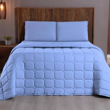 Imagem de Kit Cobre Leito Colcha Minimal Casal 3 Peças Malha 100% Algodão - Azul Claro