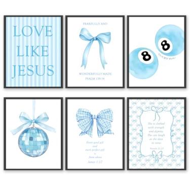 Imagem de Coquette Blue Bow Jesus Wall Art Decor Trendy Disco 8 Ball Pôster Cristão Decoração de Quarto Impressões de Arte Estética para Meninas Universitárias Presentes Inspiradores Versículos da Bíblia