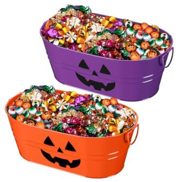 Imagem de Zonon Pacote com 2 baldes galvanizados de abóbora de Halloween com alças, tigela de doces de 10 litros, baldes de gelo galvanizados, banheira de gelo de metal para lembrancinhas de festa, suprimentos