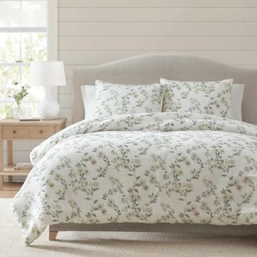 Imagem de Martha Stewart - Conjunto de edredom solteiro, algodão macio com reverso percal de algodão macio natural e personalizado, conjunto de cama de 2 peças com fronha combinando (bege floral azel)