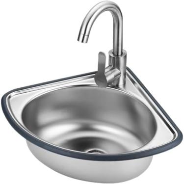 Imagem de Pia Triangular De Canto De Banheiro De Montagem Em Parede, Pia Comercial, Com Unidade De Escorredor E Torneira, Pia De Aço Inoxidável De Tigela única, Para Rest, Hot Or Cold, 34 * 34cm*15cm