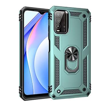 Imagem de SORAKA Capa para Xiaomi Poco M3 com suporte de anel capa protetora Xiaomi Poco M3 capa traseira de policarbonato rígido com placa de metal para suporte magnético de telefone carro verde escuro