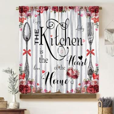 Imagem de Cortinas de cozinha rural, boho, romântico, coração vermelho, rosa, floral, laço, moldura, esboço, talheres, garfo, citações quentes, decoração de prancha, cortinas de prancha, bolso de haste blackout
