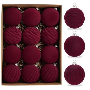 Imagem de Rzoukler 12 peças de enfeites de veludo de Natal para pendurar 7,5 cm, bordô, enfeite de bola de árvore de Natal flocado para festas de fim de ano, guirlanda, mesa, centro de mesa, decoração de