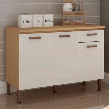 Imagem de Balcão de Cozinha 3 Portas 1 Gaveta 100% Mdf Cb0085 Freijó/Off White Laca Brilho - Genialflex