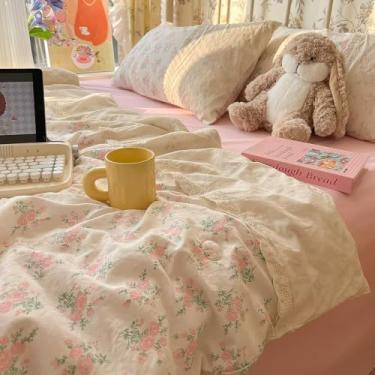 Imagem de mixinni Conjunto de capa de edredom floral vintage - 3 peças king size rosa cottagecore roupa de cama com acabamento em renda, conjunto de cama chique gasto, inclui 1 capa de edredom e 2 fronhas