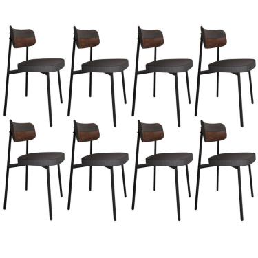 Imagem de Kit 08 Cadeiras Estofada Para Sala de Jantar Astrid Preto C01 Linho Preto Courino Whisky - Lyam Decor